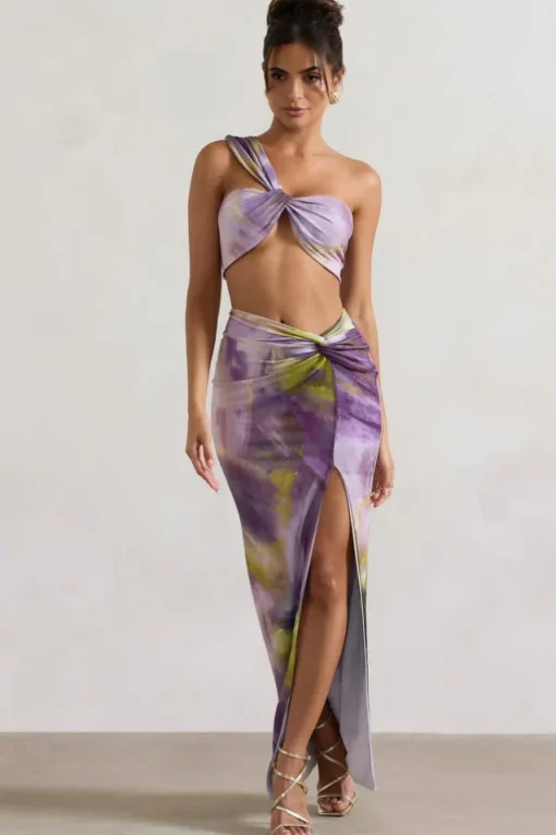 Tender Kiss | Lilac Print Knot Split Maxi Skirt
