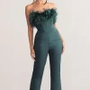 Tessa | Bottle Green Shaped Neckline Corset Jumpsuit With Feather Trim Detail