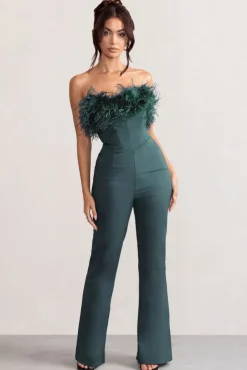 Tessa | Bottle Green Shaped Neckline Corset Jumpsuit With Feather Trim Detail