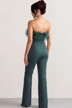 Tessa | Bottle Green Shaped Neckline Corset Jumpsuit With Feather Trim Detail