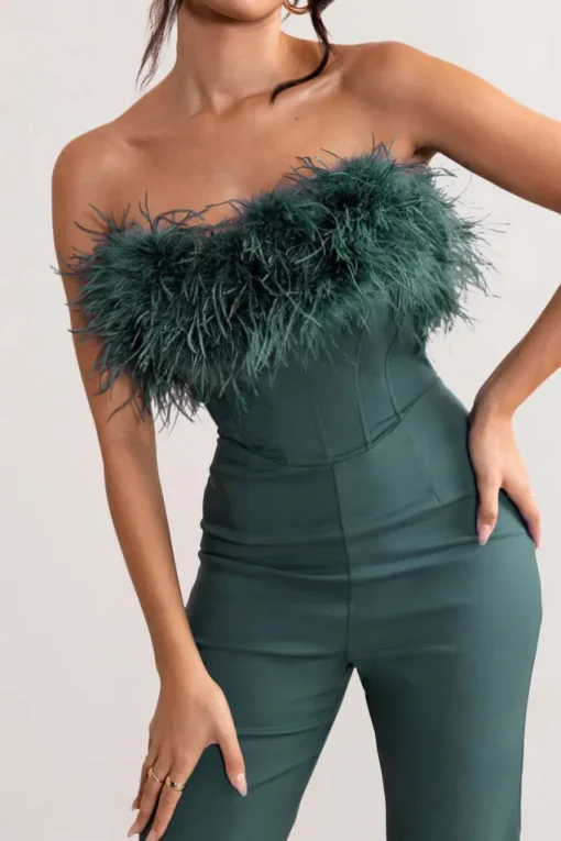 Tessa | Bottle Green Shaped Neckline Corset Jumpsuit With Feather Trim Detail