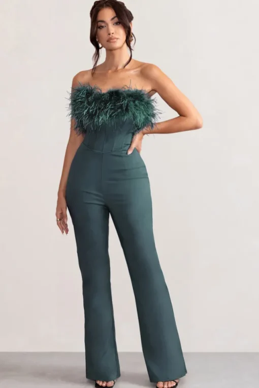 Tessa | Bottle Green Shaped Neckline Corset Jumpsuit With Feather Trim Detail