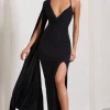 The Crown | Black Plunge Front One Shoulder Maxi Dress