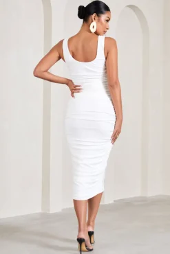 The Glow | White Ruched Scoop-Neck Sleeveless Maternity Midi Dress