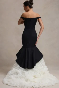 The Greatest | Black u0026 Cream Bardot Maxi Dress With Tulle Skirt