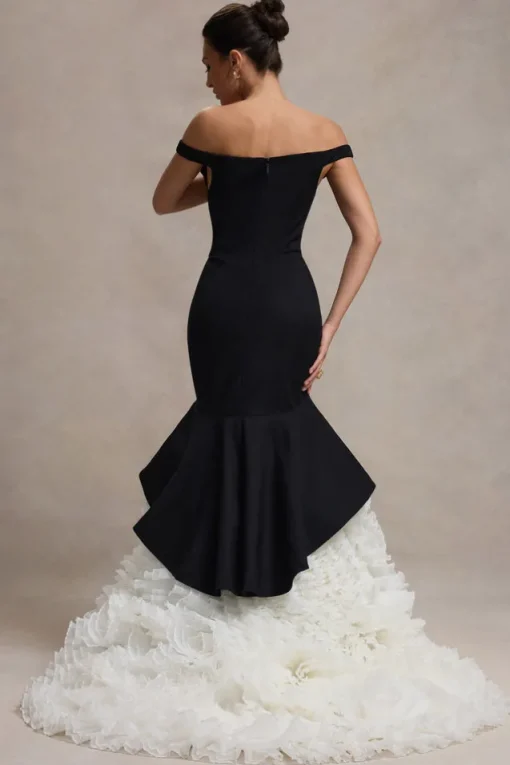 The Greatest | Black u0026 Cream Bardot Maxi Dress With Tulle Skirt