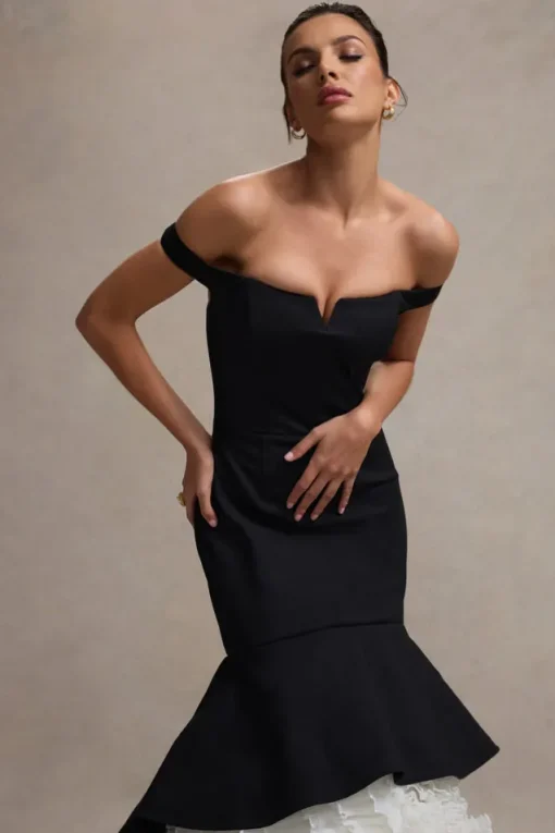 The Greatest | Black u0026 Cream Bardot Maxi Dress With Tulle Skirt