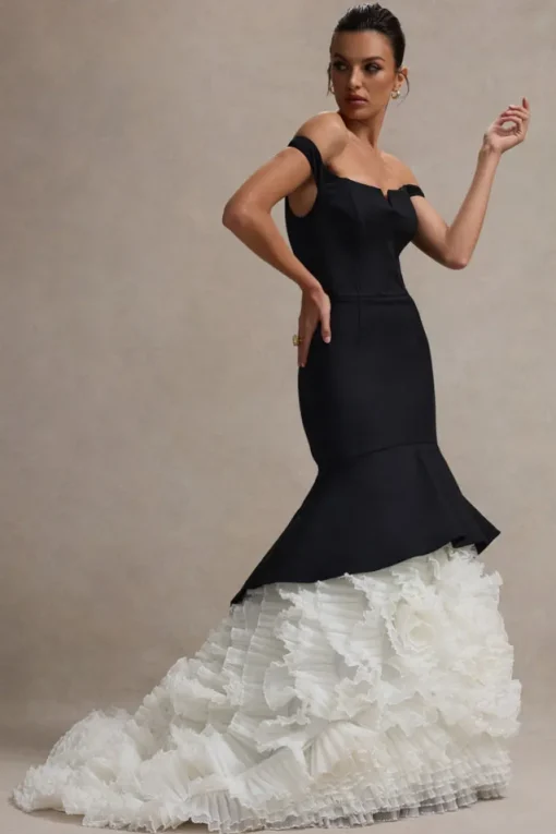 The Greatest | Black u0026 Cream Bardot Maxi Dress With Tulle Skirt
