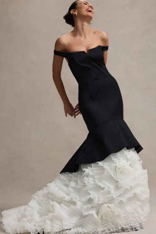 The Greatest | Black u0026 Cream Bardot Maxi Dress With Tulle Skirt