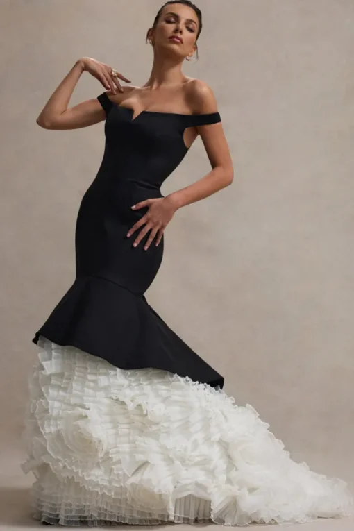 The Greatest | Black u0026 Cream Bardot Maxi Dress With Tulle Skirt
