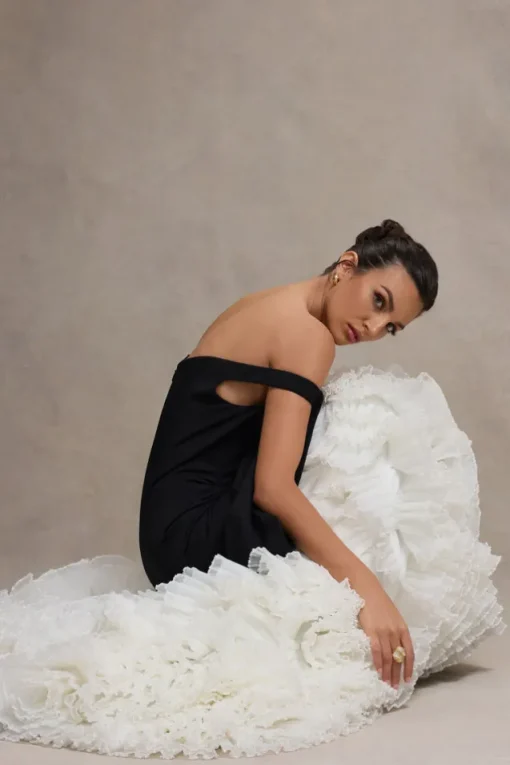 The Greatest | Black u0026 Cream Bardot Maxi Dress With Tulle Skirt