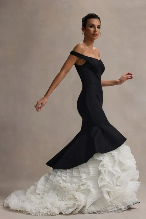 The Greatest | Black u0026 Cream Bardot Maxi Dress With Tulle Skirt