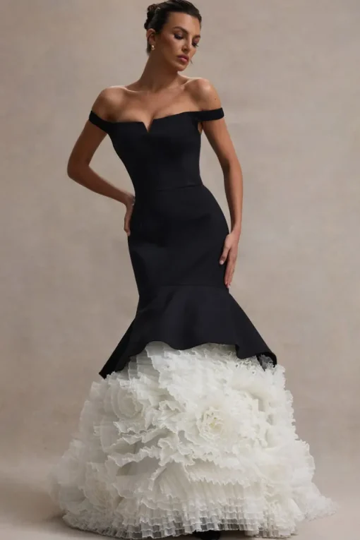 The Greatest | Black u0026 Cream Bardot Maxi Dress With Tulle Skirt