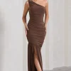 The Limelight | Chocolate One Shoulder Ruched Fishtail Maxi Dress