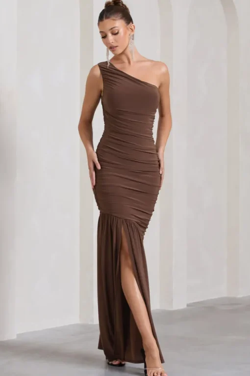 The Limelight | Chocolate One Shoulder Ruched Fishtail Maxi Dress