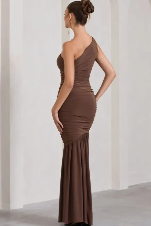 The Limelight | Chocolate One Shoulder Ruched Fishtail Maxi Dress