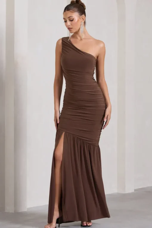 The Limelight | Chocolate One Shoulder Ruched Fishtail Maxi Dress