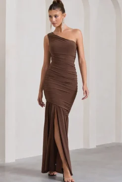 The Limelight | Chocolate One Shoulder Ruched Fishtail Maxi Dress