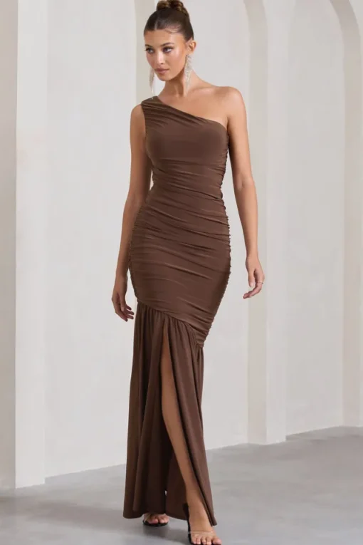 The Limelight | Chocolate One Shoulder Ruched Fishtail Maxi Dress