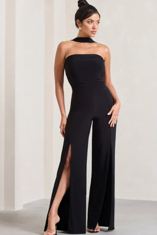 The Next Naomi | Black Halter-Neck Bandeau Split-Leg Jumpsuit