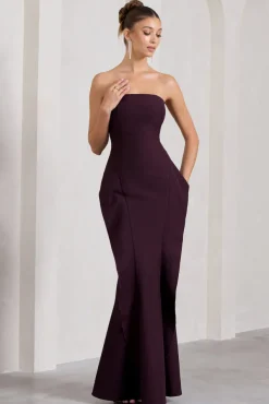 The Real Thing | Plum Strapless Draped Fishtail Maxi Dress