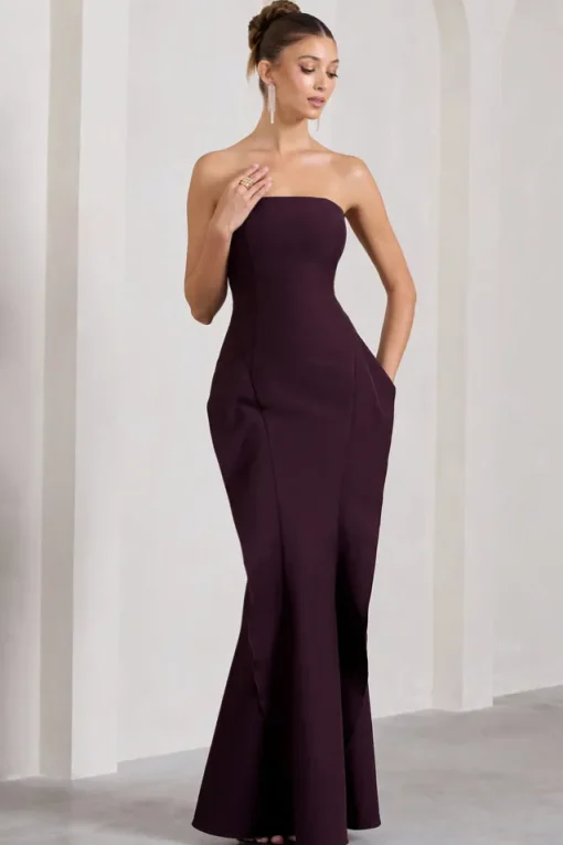 The Real Thing | Plum Strapless Draped Fishtail Maxi Dress