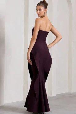 The Real Thing | Plum Strapless Draped Fishtail Maxi Dress