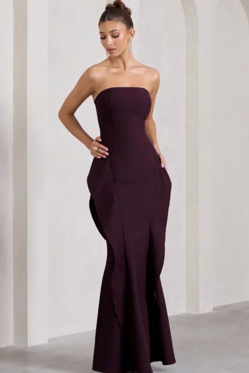 The Real Thing | Plum Strapless Draped Fishtail Maxi Dress