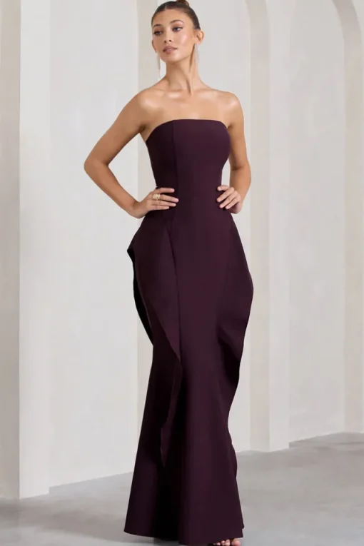 The Real Thing | Plum Strapless Draped Fishtail Maxi Dress