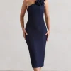 The Soiree | Navy Bodycon Midi Dress With Ruffled Choker