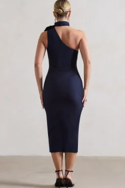 The Soiree | Navy Bodycon Midi Dress With Ruffled Choker