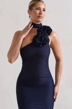 The Soiree | Navy Bodycon Midi Dress With Ruffled Choker