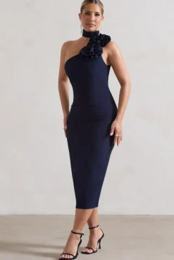 The Soiree | Navy Bodycon Midi Dress With Ruffled Choker