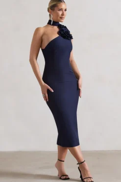 The Soiree | Navy Bodycon Midi Dress With Ruffled Choker