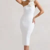 The Soiree | White Bodycon Midi Dress With Ruffled Choker