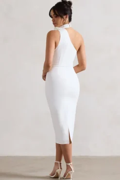 The Soiree | White Bodycon Midi Dress With Ruffled Choker