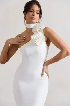 The Soiree | White Bodycon Midi Dress With Ruffled Choker