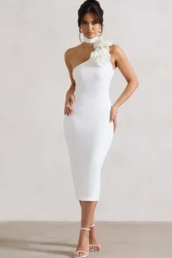 The Soiree | White Bodycon Midi Dress With Ruffled Choker