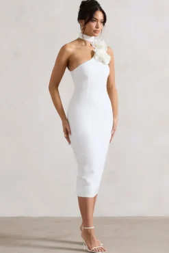The Soiree | White Bodycon Midi Dress With Ruffled Choker