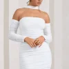 Thea | White Ruched Long-Sleeved Bodycon Mini Dress With Halter Collar