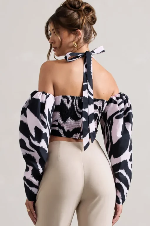 Theatric | Zebra Print Halter-Neck Corset Top With Puff-Sleeves