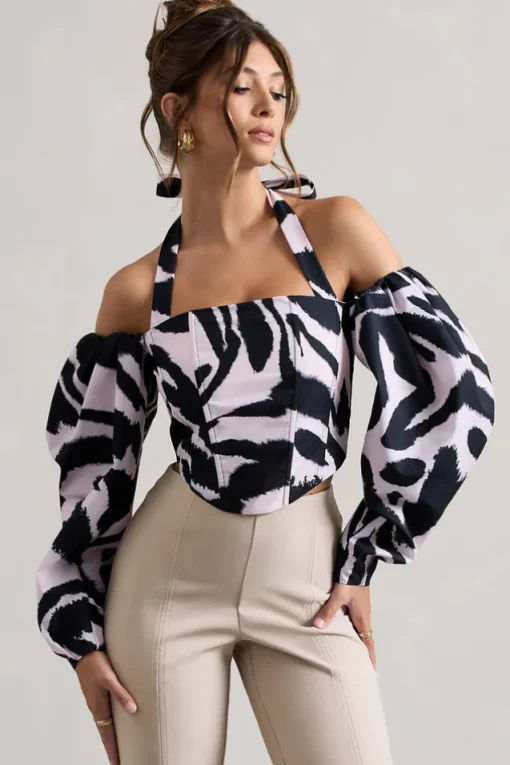 Theatric | Zebra Print Halter-Neck Corset Top With Puff-Sleeves