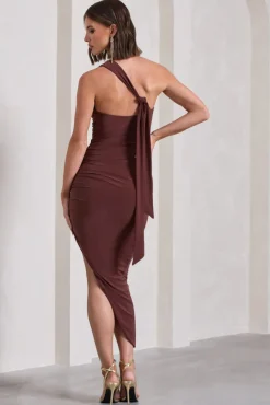 This Way | Chocolate Brown One Shoulder Ruched Asymmetric Open-Back Maxi Dress