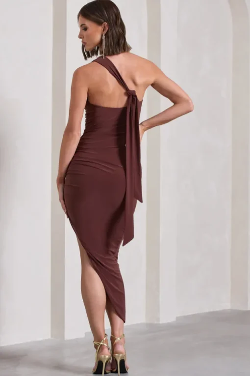 This Way | Chocolate Brown One Shoulder Ruched Asymmetric Open-Back Maxi Dress