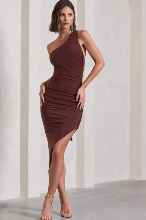 This Way | Chocolate Brown One Shoulder Ruched Asymmetric Open-Back Maxi Dress