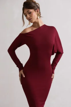 Thora | Berry Rib Knit One-Shoulder Midi Dress