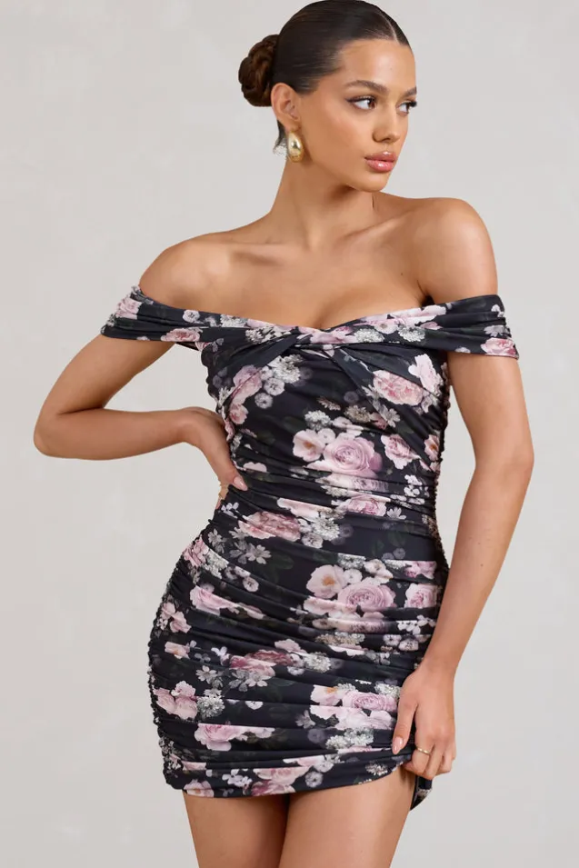 Thorn | Black Floral Bardot Bodycon Mini Dress