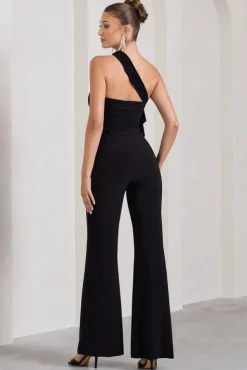 Tia | Black Asymmetric Sleeveless Flared-Leg Jumpsuit With Flowers