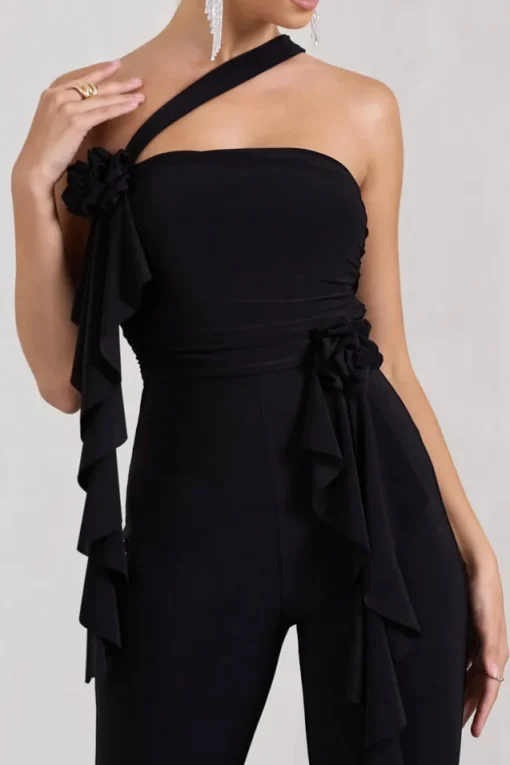 Tia | Black Asymmetric Sleeveless Flared-Leg Jumpsuit With Flowers