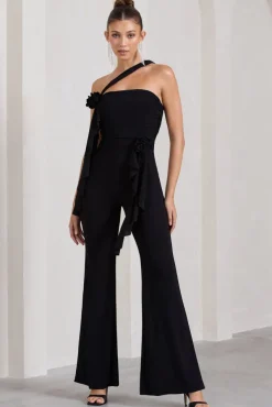 Tia | Black Asymmetric Sleeveless Flared-Leg Jumpsuit With Flowers